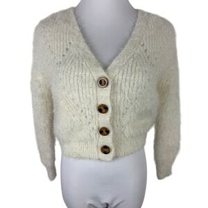 AMP Women's‎ Small Cream Fuzzy Eyelash Knit Cropped Cardigan V-Neck Pointelle